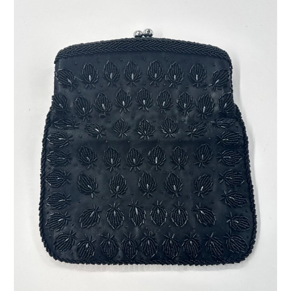 Vintage Hand Beaded Purse Clutch Black Beaded Strawberries Eveningwear Hong Kong